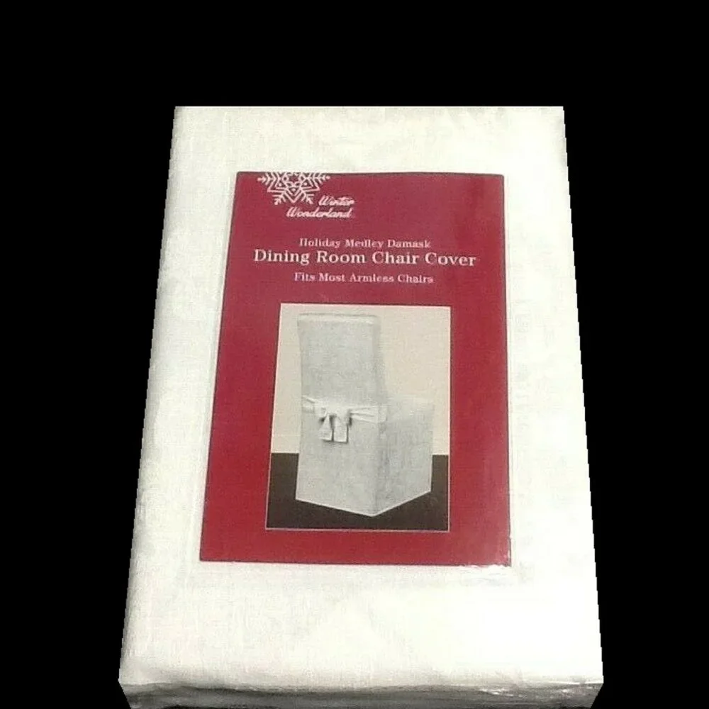 2 brand new WHITE Holiday Medley Damask Chair Covers for Dining Room Chairs